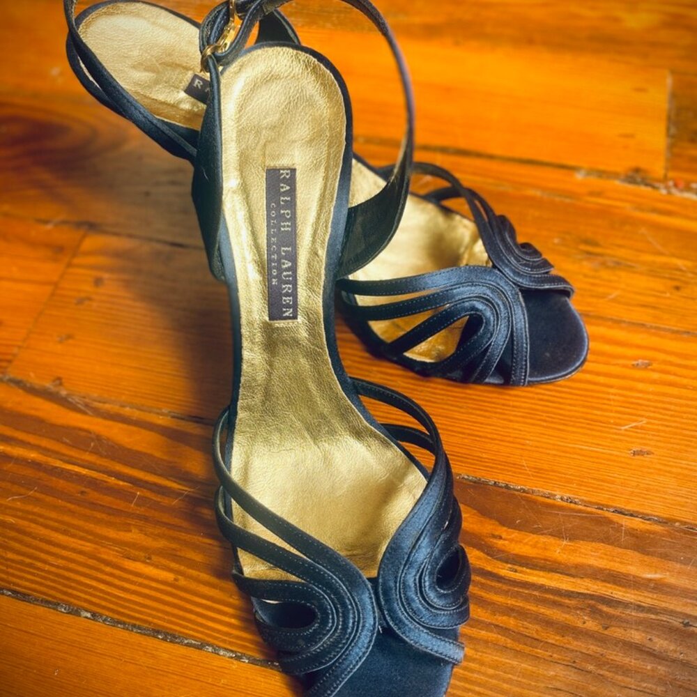 Ralph Lauren Collection Cobalt Blue Silk Elegant Strappy Pumps Rhinestone Size 8